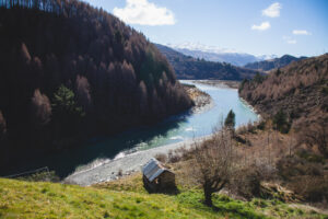 View of river and mountain in background