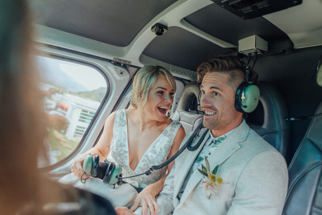 Bride and groom in helicopter
