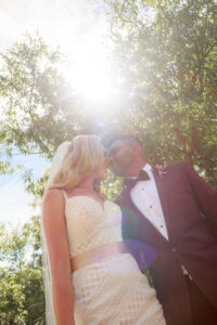 Bride and groom looking at each other