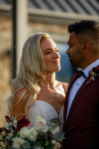 bride and groom looking at each other